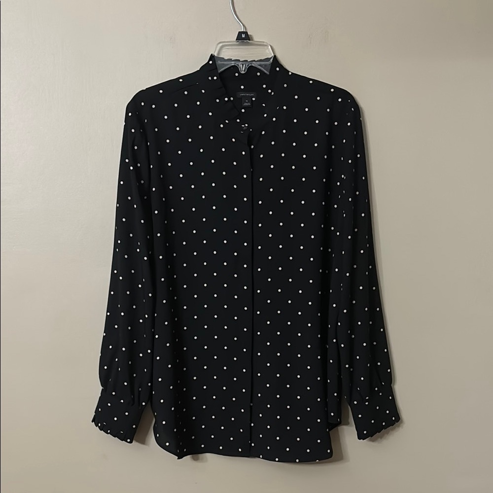 Ann Taylor Black and Cream Polka Dot Button Down Blouse Size XL